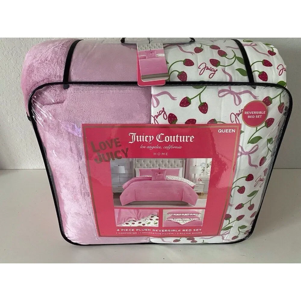 4 Pc Juicy Couture QUEEN Reversible Comforter Set Plush Pink Strawberries & Bows